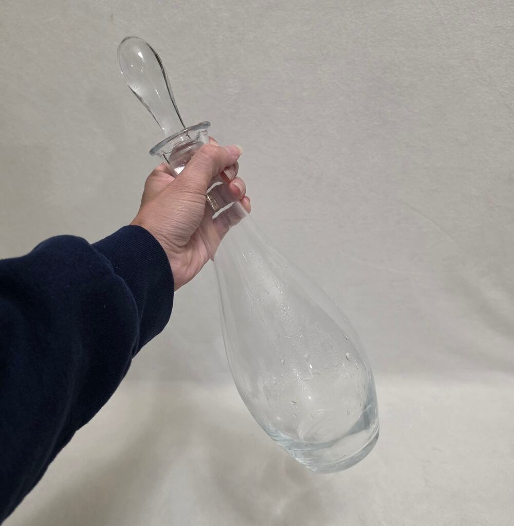 Vintage Hand-Blown Clear Glass Wine Decanter with Stopper, Etched Floral Details